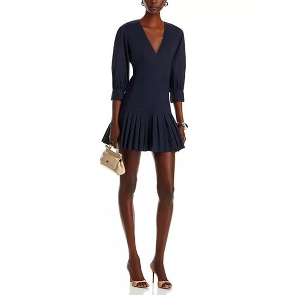 CINQ A SEPT Sawyer Navy V-Neck Pleated Minidress - Picture 3 of 13